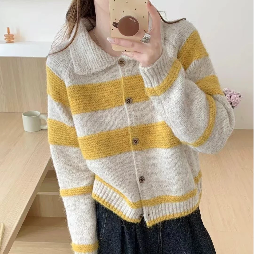 时尚软糯撞色毛衣外套女秋冬2024新款高级感深秋条纹针织衫开衫