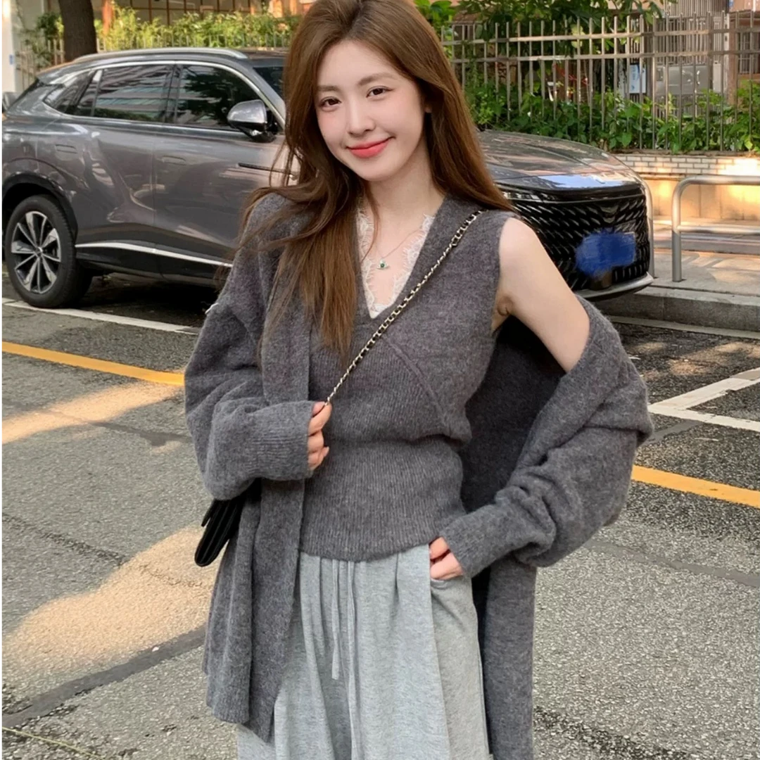 针织开衫蕾丝拼接背心两件套女秋冬中长款宽松慵懒风加厚毛衣外套