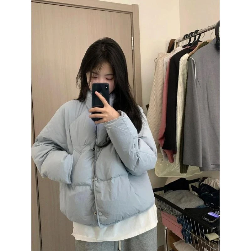 学生奶呼呼蓝色羽绒服女短款白鸭绒2023年新款小个子面包服外套款