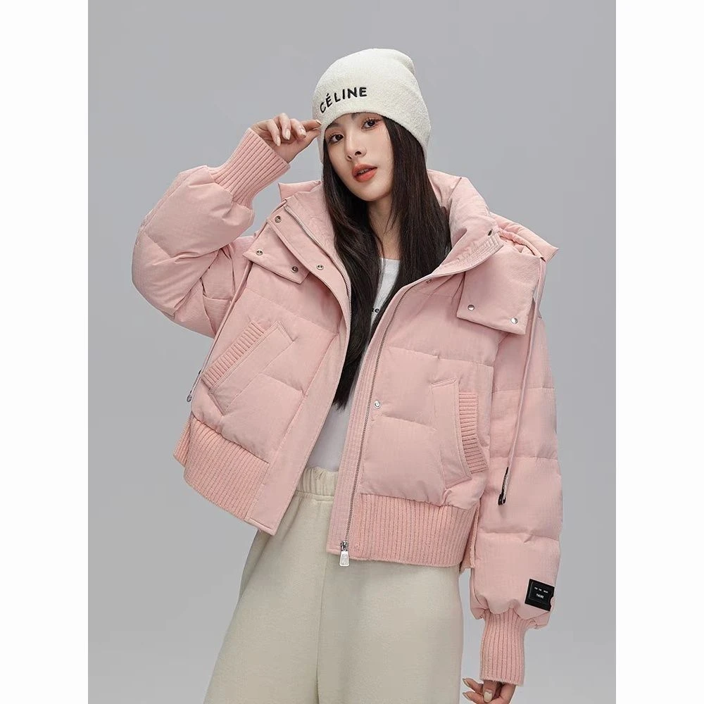 短款针织拼接韩版棉衣棉服女时尚休闲百搭冬季加厚保暖连帽外套款