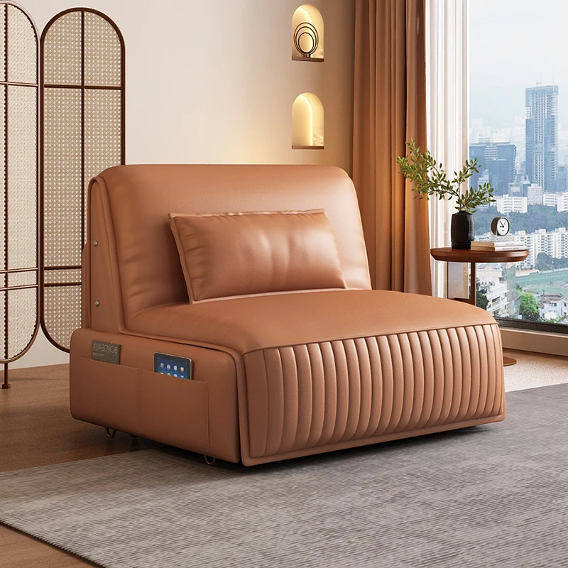 885猫抓皮/真皮全智能电动沙发床小户型客厅书房伸缩两用奶油风