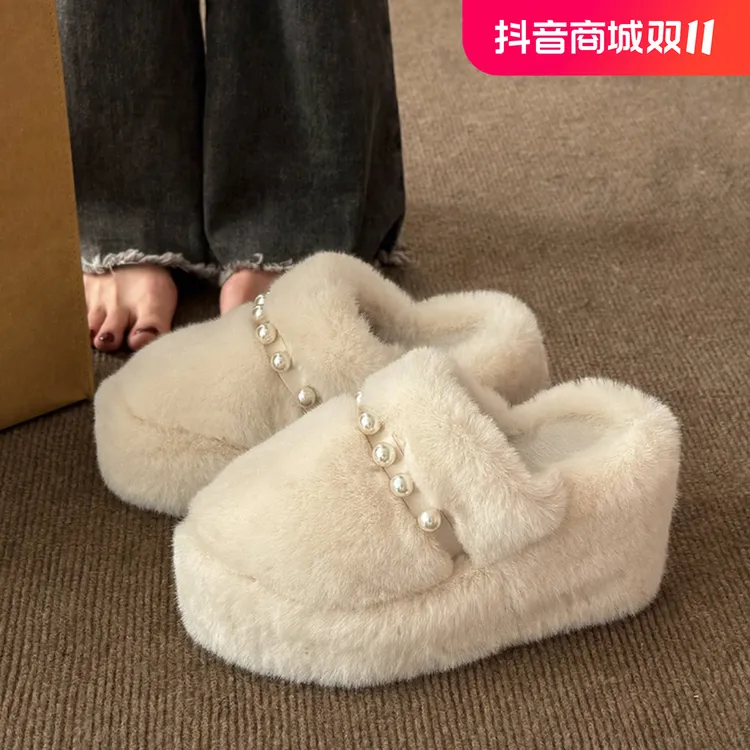 包头超厚底毛毛拖鞋女秋冬外穿2024新款坡跟高跟办公室增高棉拖鞋