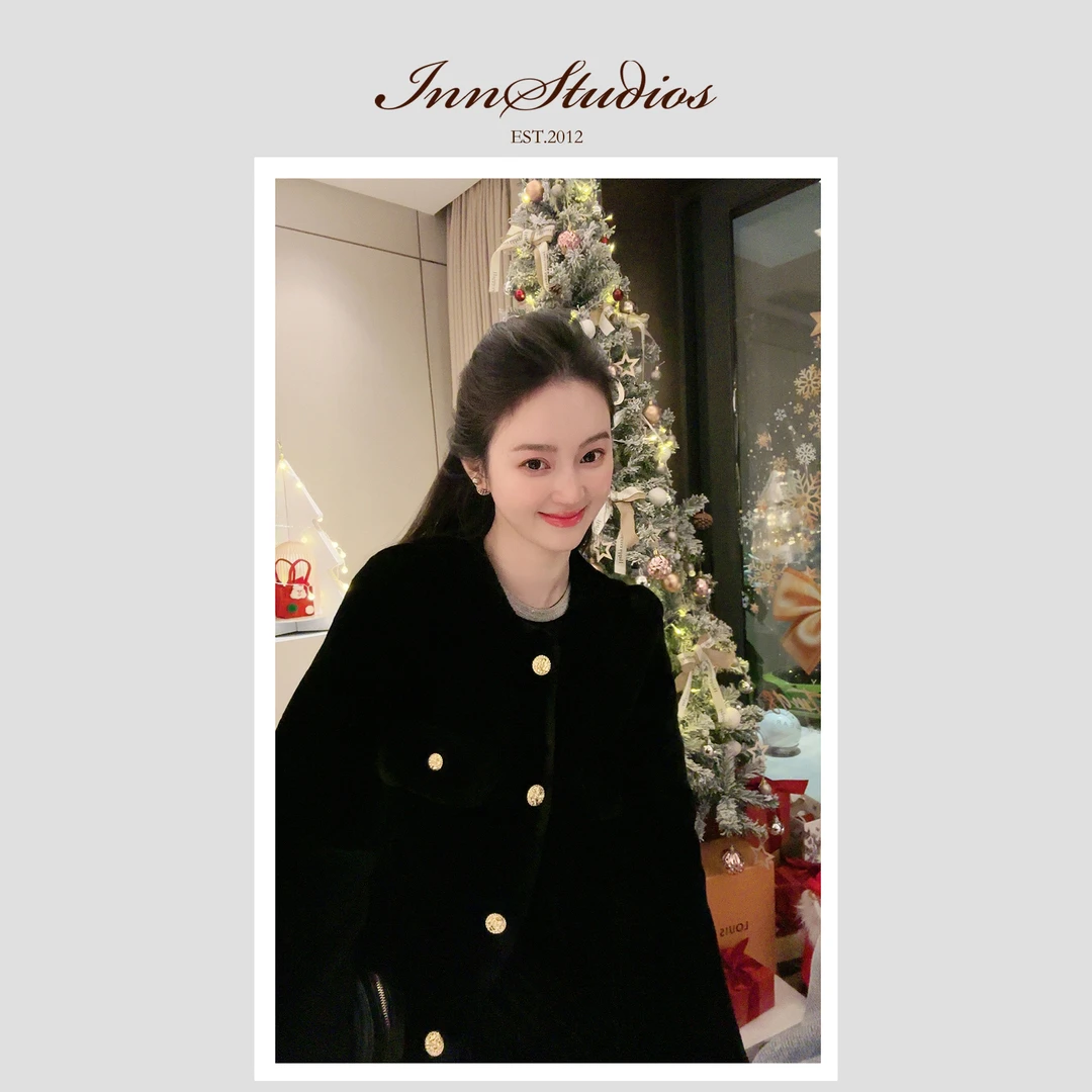 Innstudios “黑金天鹅”皮毛一体小香风轻奢时尚ins气质百搭毛外套