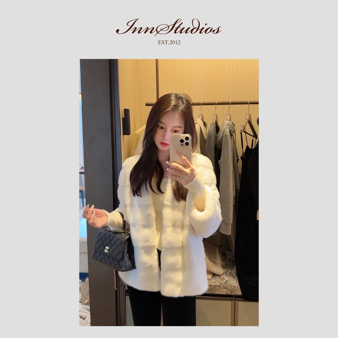 Innstudios 「白雪公主」纯洁白色紫标全水貂毛外套
