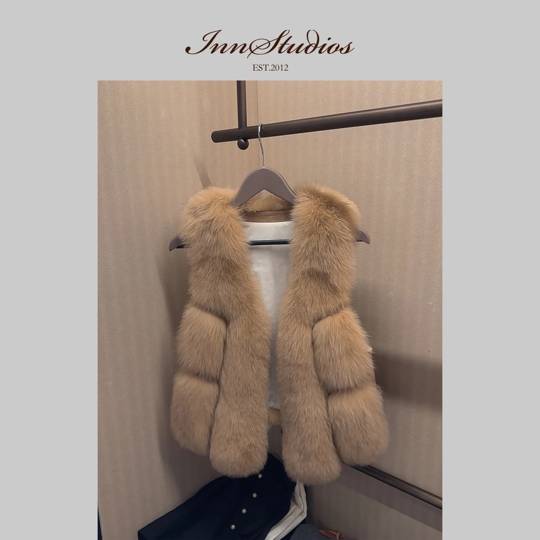 Innstudios 棕色狐狸毛拼接皮马甲外套