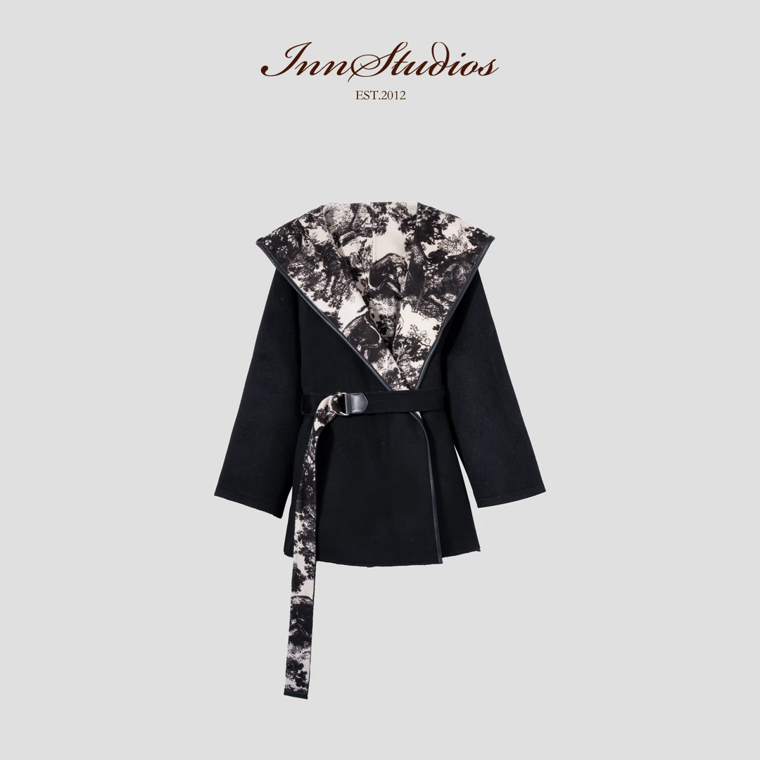 Innstudios 水墨画黑色羊毛大衣1