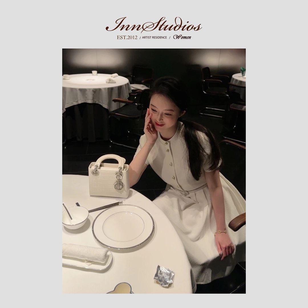 Innstudios「洁白无暇」气质白色收腰小香风小众连衣裙