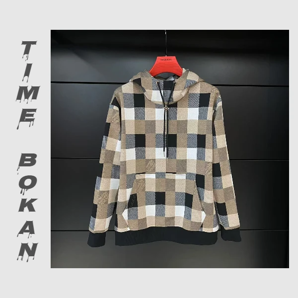 TIMEBOKAN【棋盘格】男款休闲百搭秋冬潮流长袖男士连帽卫衣88735
