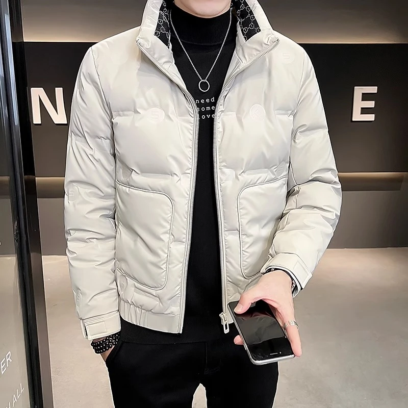 2024年秋冬季保暖白鸭绒羽绒服男士潮流纯色短款修身立领加厚外套