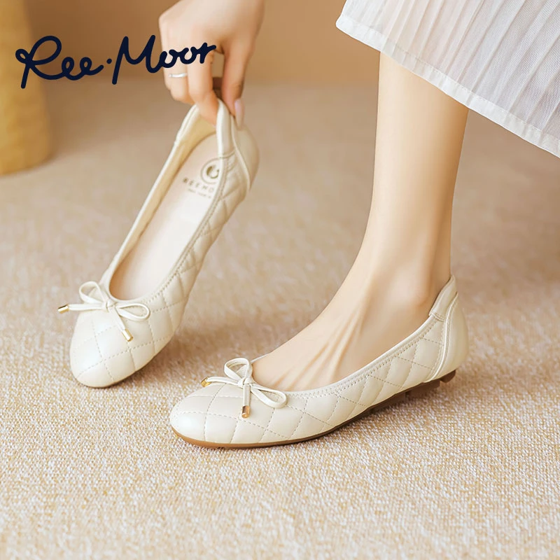 REEMOOR睿慕2026春季新款格纹圆头平底单鞋气质船鞋蛋卷鞋R2C408