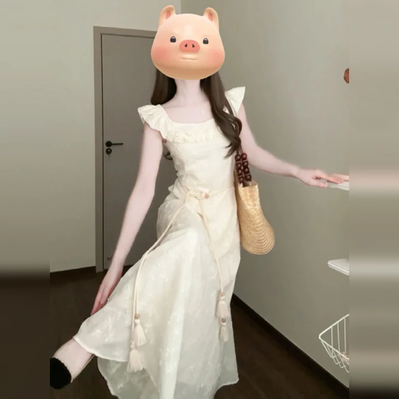 4153法式海边白色小飞袖连衣裙夏小个子2024新款气质好看长裙初秋