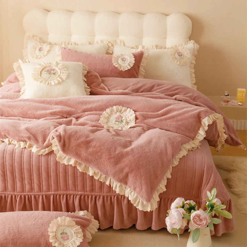 高档加厚兔绒四件套牛奶绒被套双面绒保暖床盖款短毛绒公主风冬季
