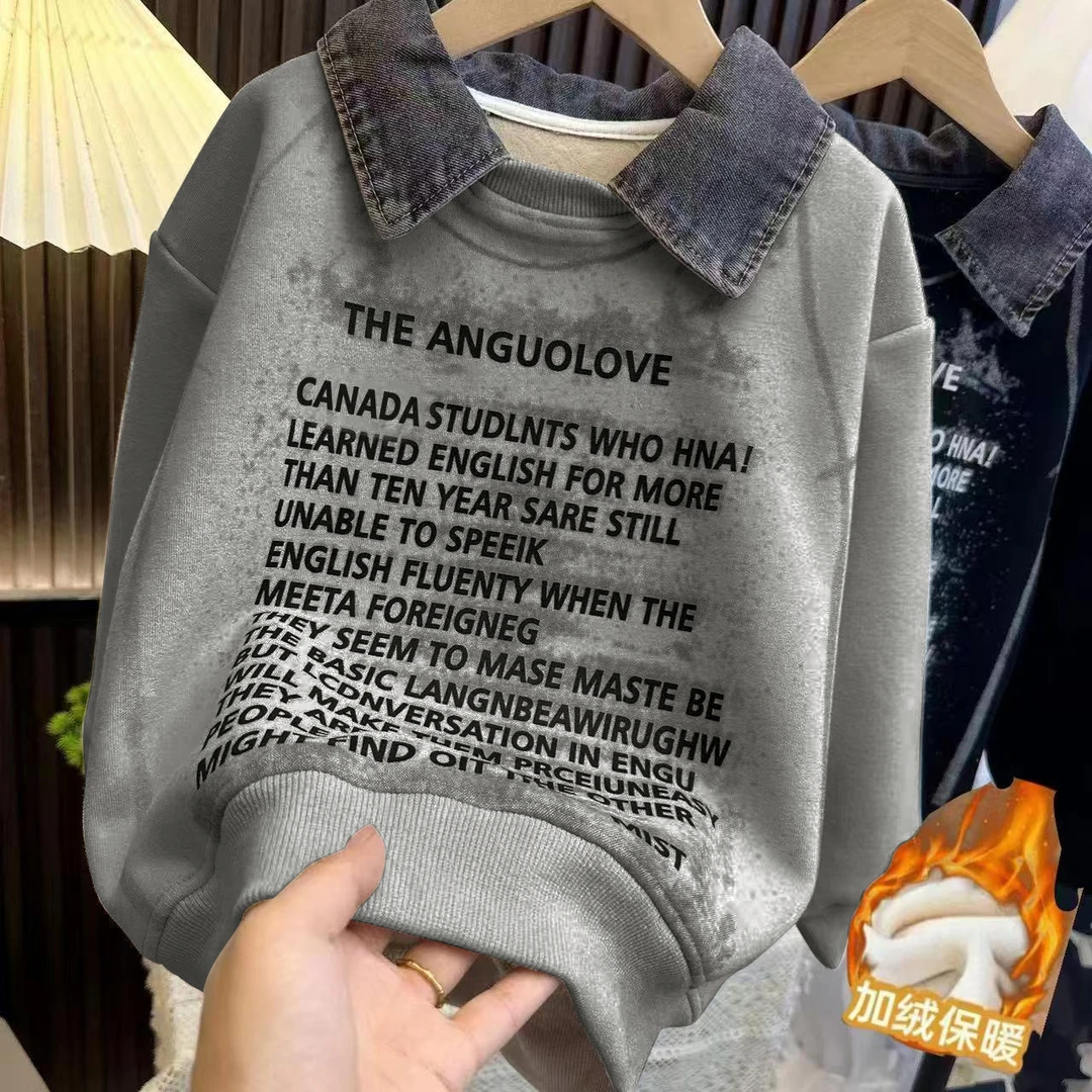 2025新款童装男童儿童冬季上衣百搭牛仔领POLO衫加绒韩版时尚卫衣