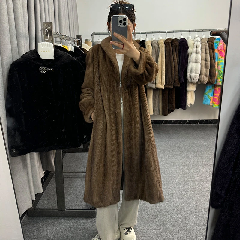 进口貂天鹅绒貂皮大衣女长款整貂年轻款水貂皮草外套全抽工艺