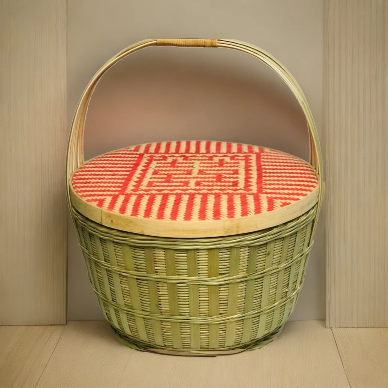 竹编大提篮双喜盖38厘米口径高23厘米