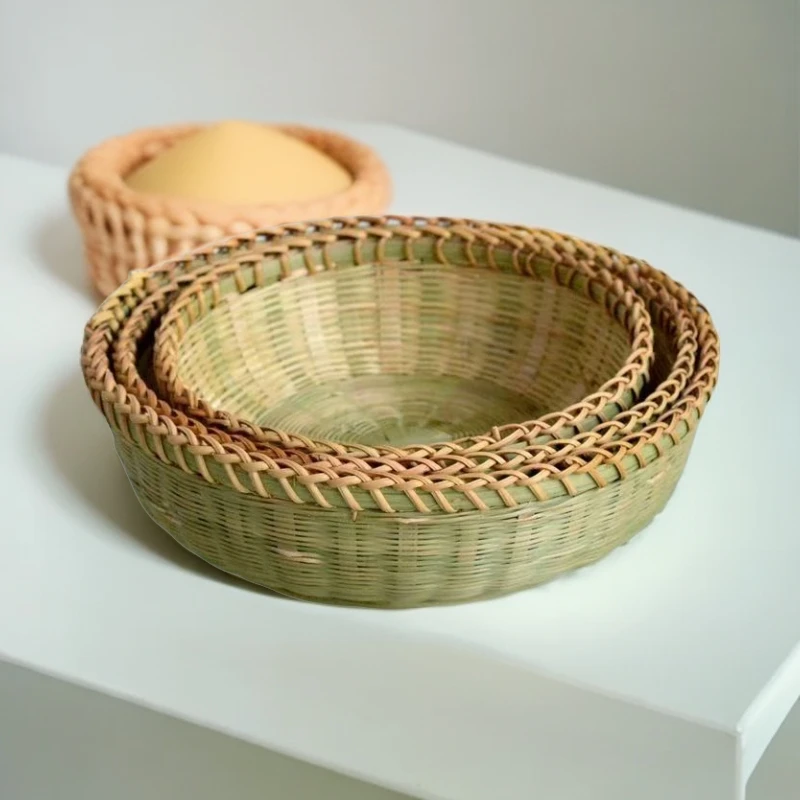升级款 藤条锁口 竹青编织水果篮馒头筐 圆形家用纯手工创意