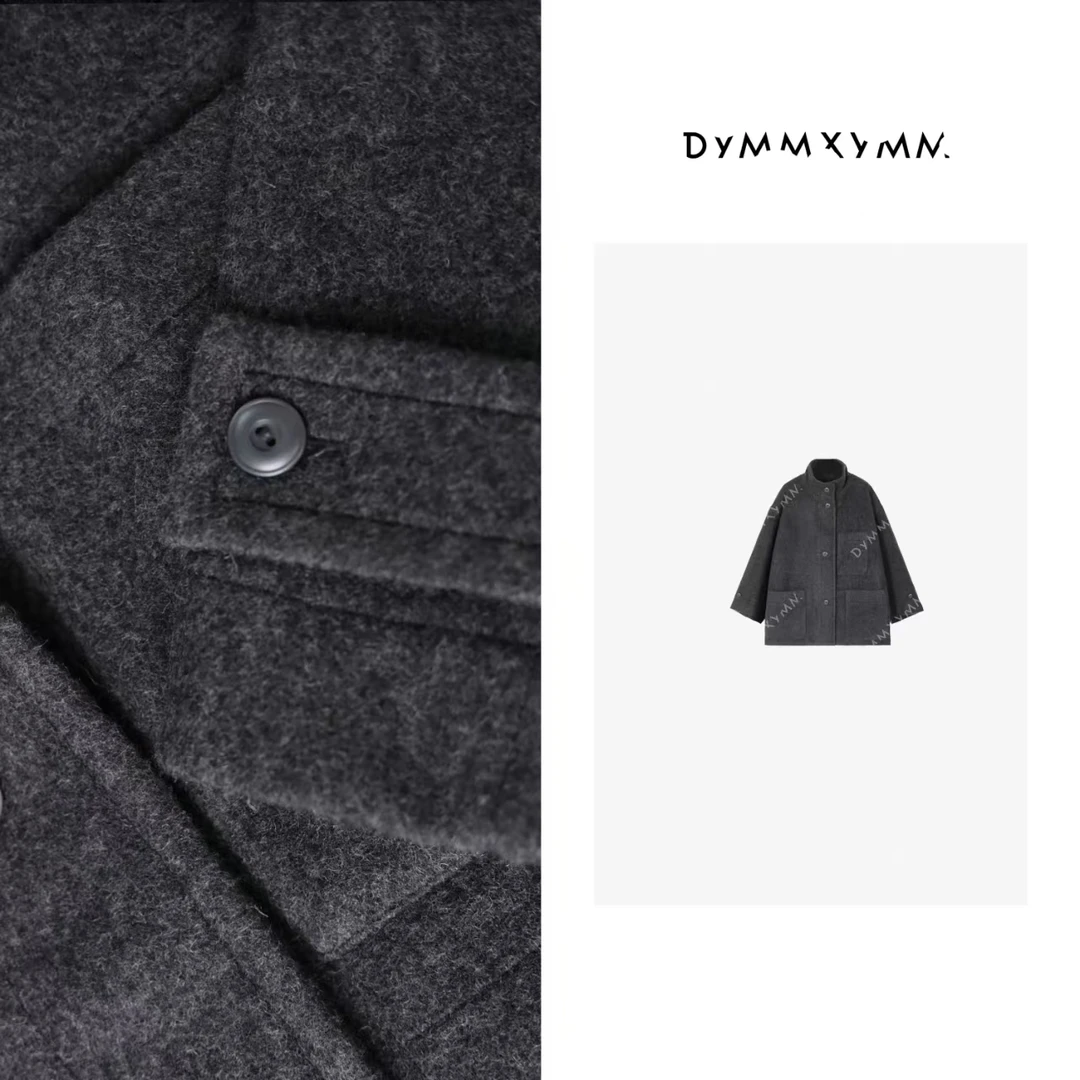 【DYMMXYMM】-小众设计师时尚灰色立领双口袋全毛外套大衣-4FWD2462