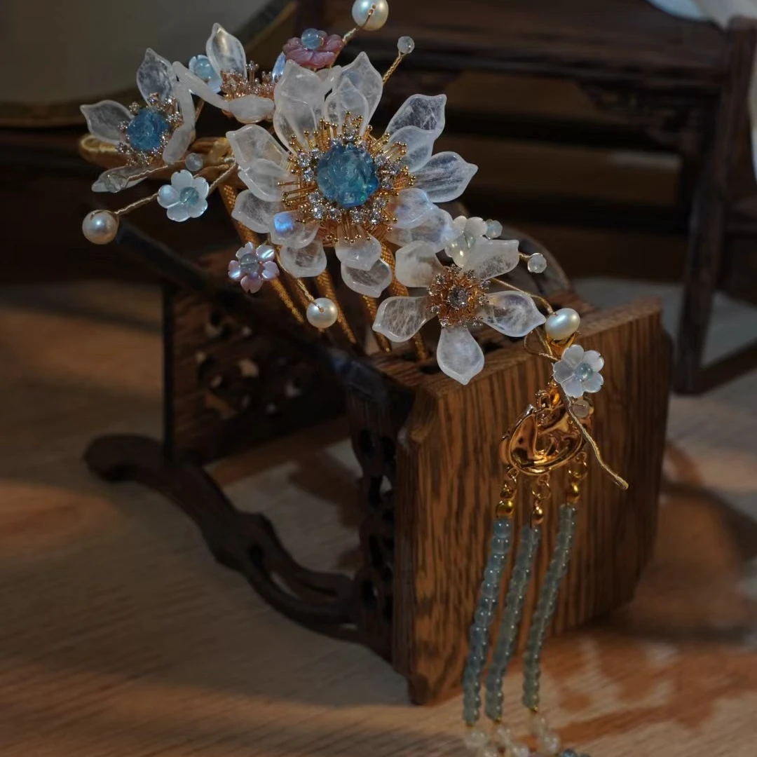 山烟喜鹊淡雅气质蓝色新中式中国风古风复古宫廷日常结婚婚礼发饰