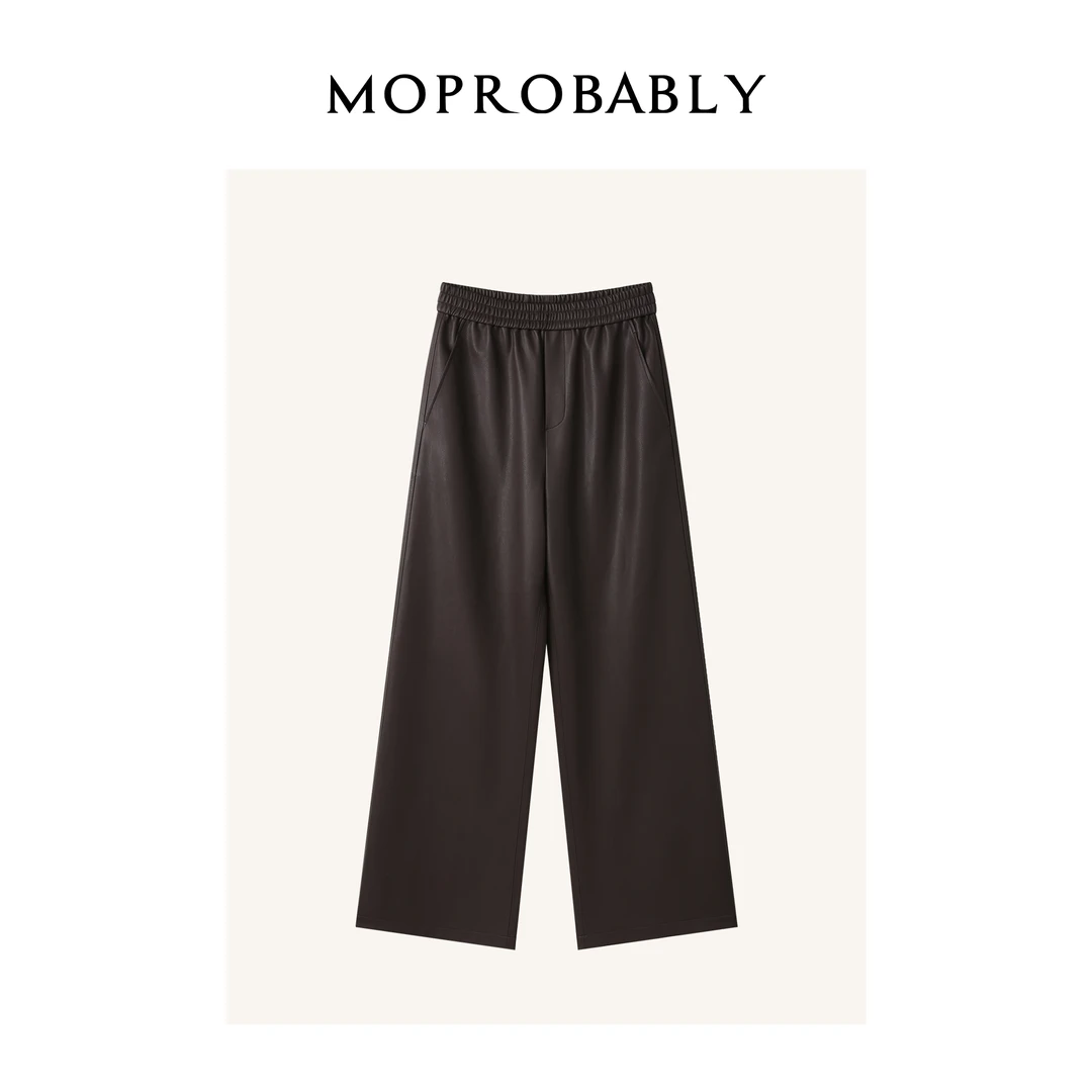 Moprobably李予诺「黑巧裤」辣妹风时尚绒里松紧腰直筒皮裤L4483302