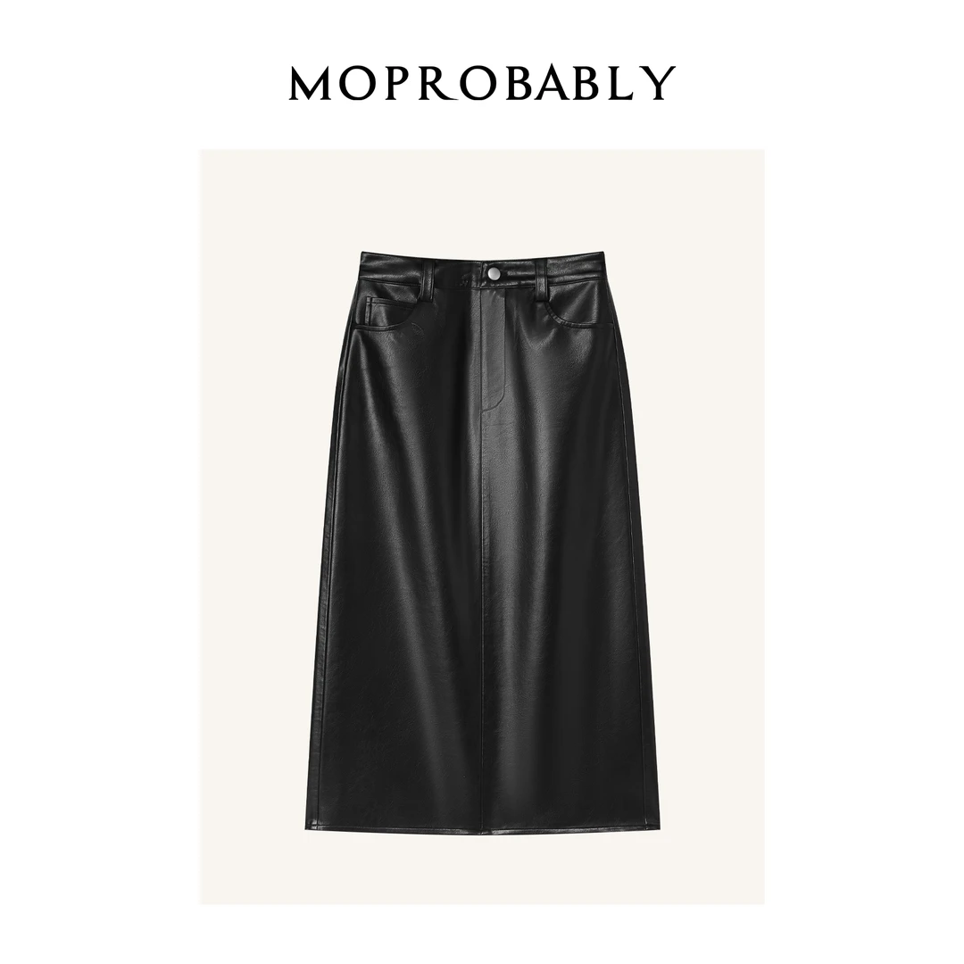 Moprobably李予诺「黑驳裙」复古百搭PU皮革直筒开叉半身裙L4384301