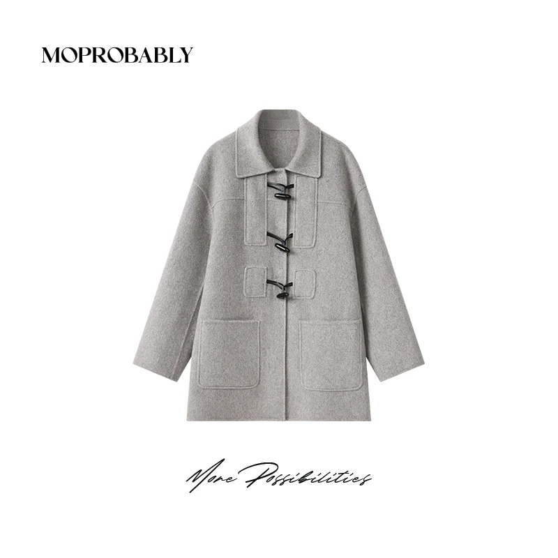 Moprobably李予诺「灰陀罗」红人上新英伦风牛角扣毛呢大衣L4460355