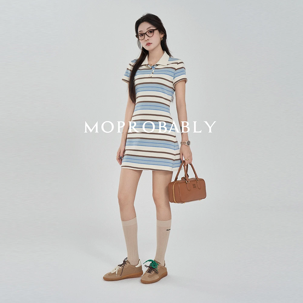 Moprobably予诺「格调女孩」"100%棉"撞色条纹A字连衣裙L4252011