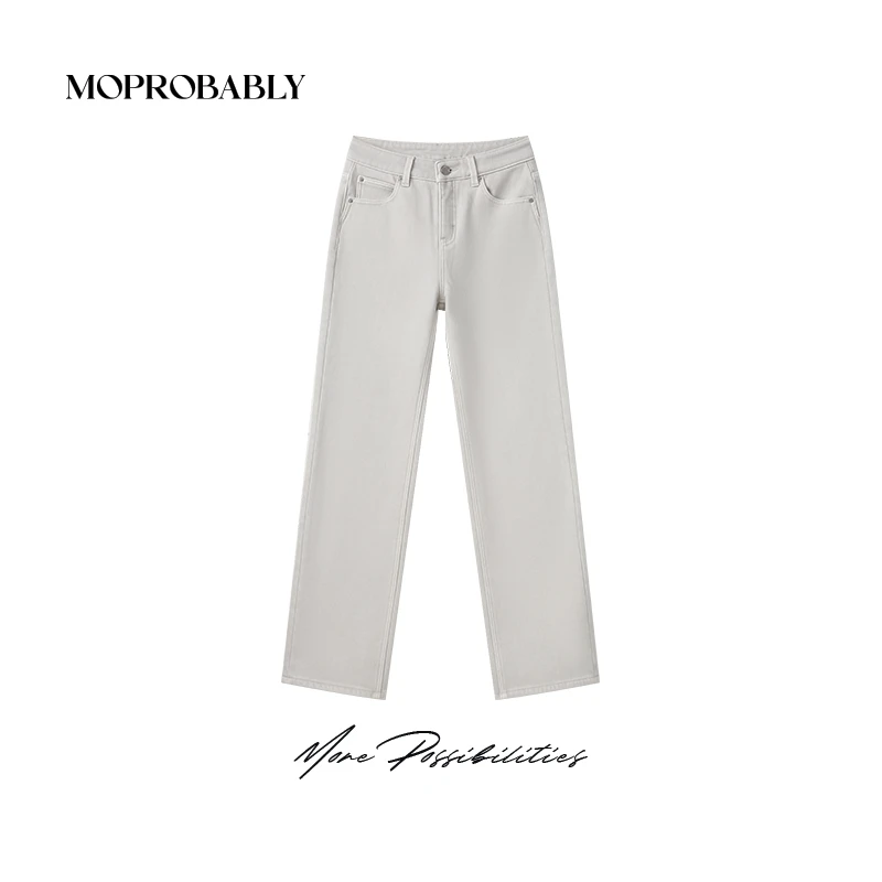 Moprobably李予诺「粉刷匠」复合薄绒简约百搭白色牛仔裤L4473357