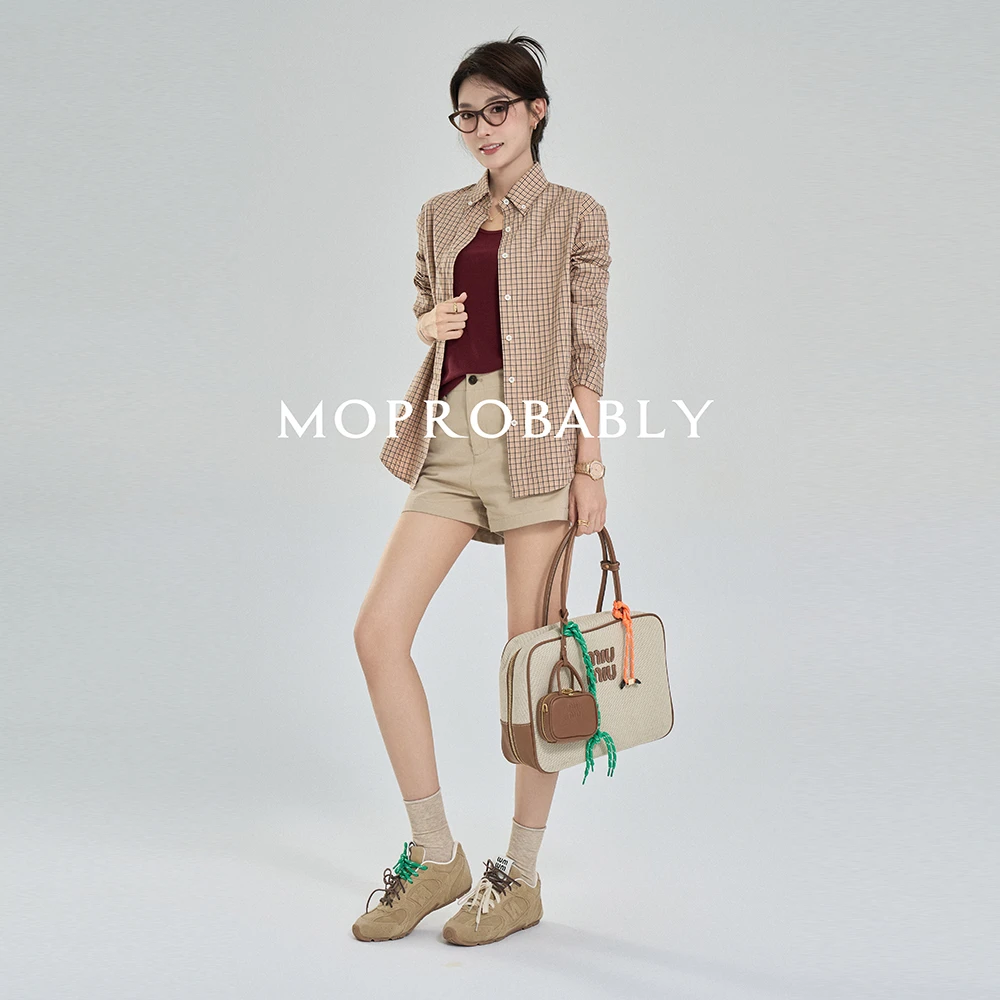 Moprobably李予诺「谬棕衫」"100%棉"贝壳扣格子长袖衬衫L4355004
