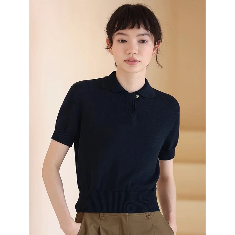 新款时尚polo领正肩短袖t恤女夏季高级气质冰丝翻领短款针织上衣