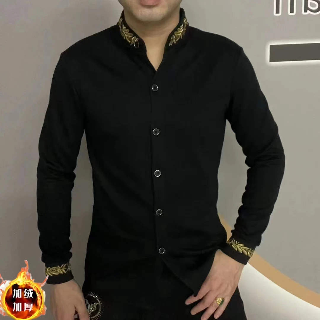 66125男装秋冬高品质修身立领刺绣百搭潮流气质欧货长袖时尚商务