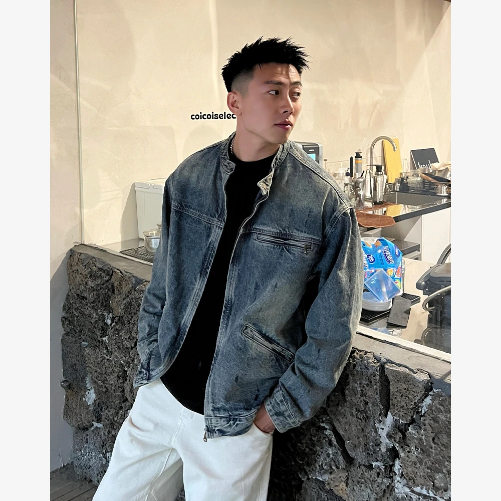 YIHAO STUDIO秋款男士立领美式牛仔夹克蓝色水洗休闲男外套