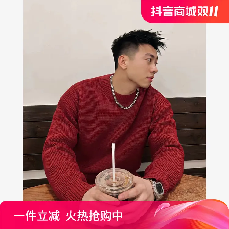 YIHAO STUDIO男士纯色毛衣长袖百搭休闲宽松圆领针织衫