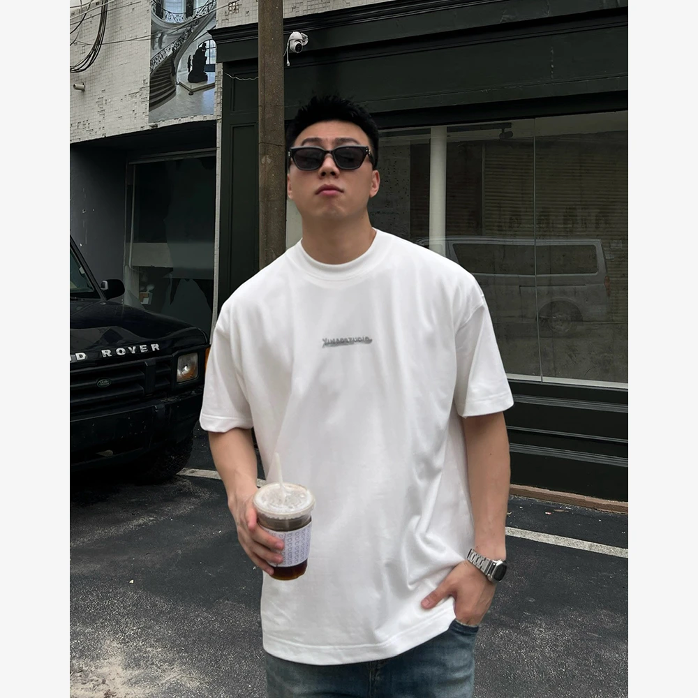 YIHAO STUDIO秋季新款男士宽松T恤美式休闲百搭黑色圆领内搭短袖