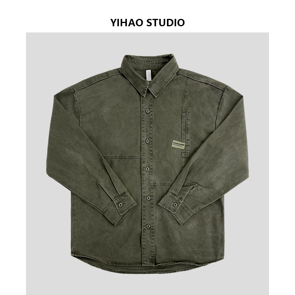 YIHAO STUDIO秋款男士衬衫外套军绿色户外长袖衬衣休闲宽松翻领
