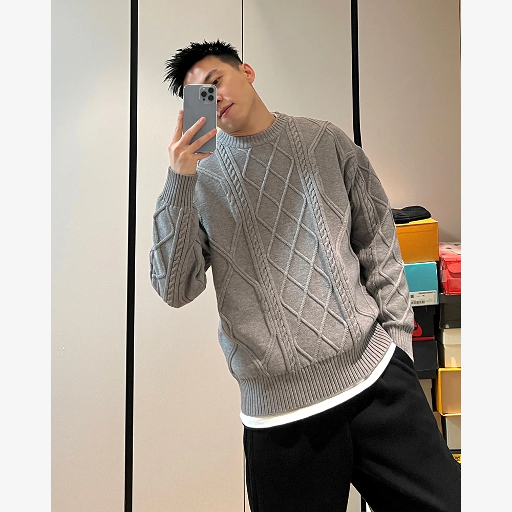 YIHAO STUDIO秋冬款男士毛衣长袖休闲百搭宽松圆领提花针织衫