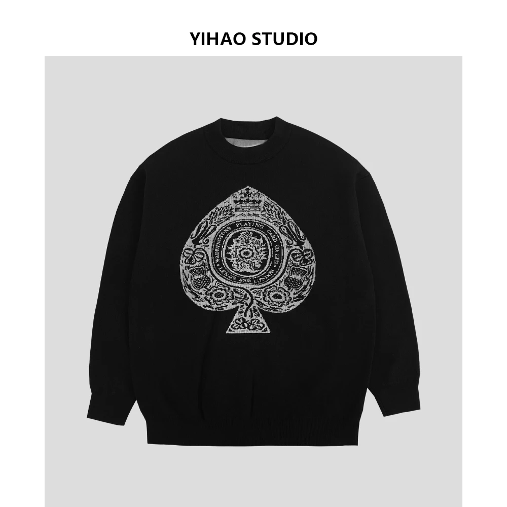 YIHAO STUDIO秋冬男士黑桃提花毛衣黑色圆领宽松情侣长袖针织衫