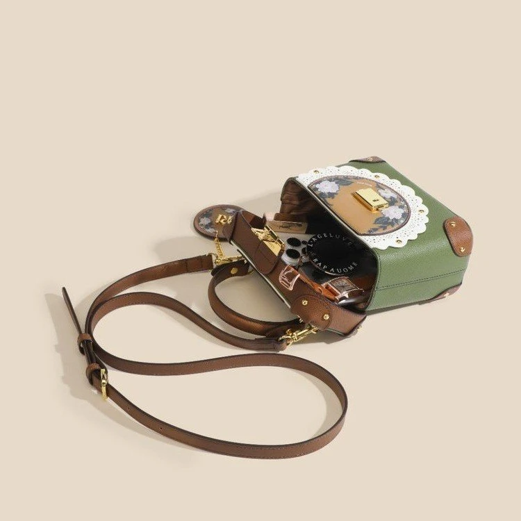 高颜新款复古盒子包手提包包精致印花斜挎绿色女包方包