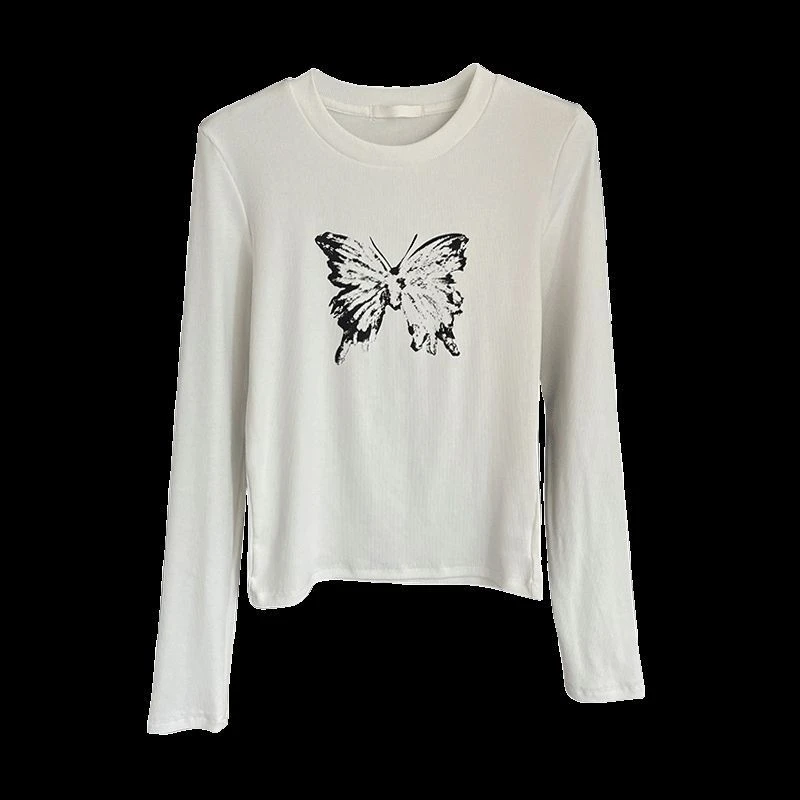 韩国chic设计感美式复古印花T恤女春秋新款长袖修身打底衫上衣潮