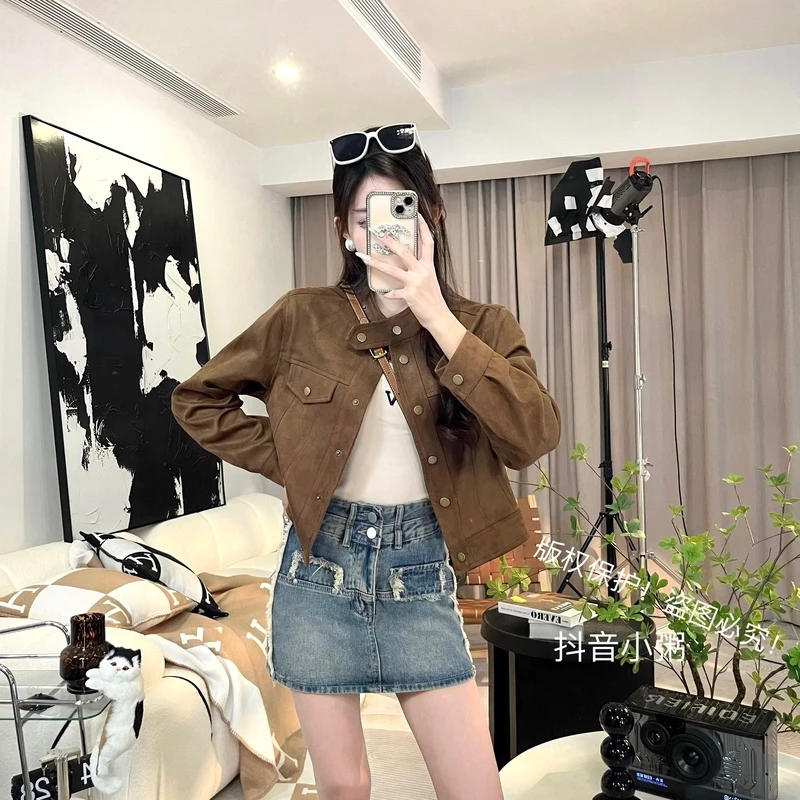 【XZ2】美拉德秋冬新款复古宽松休闲百搭设计感短款外套小个子上衣