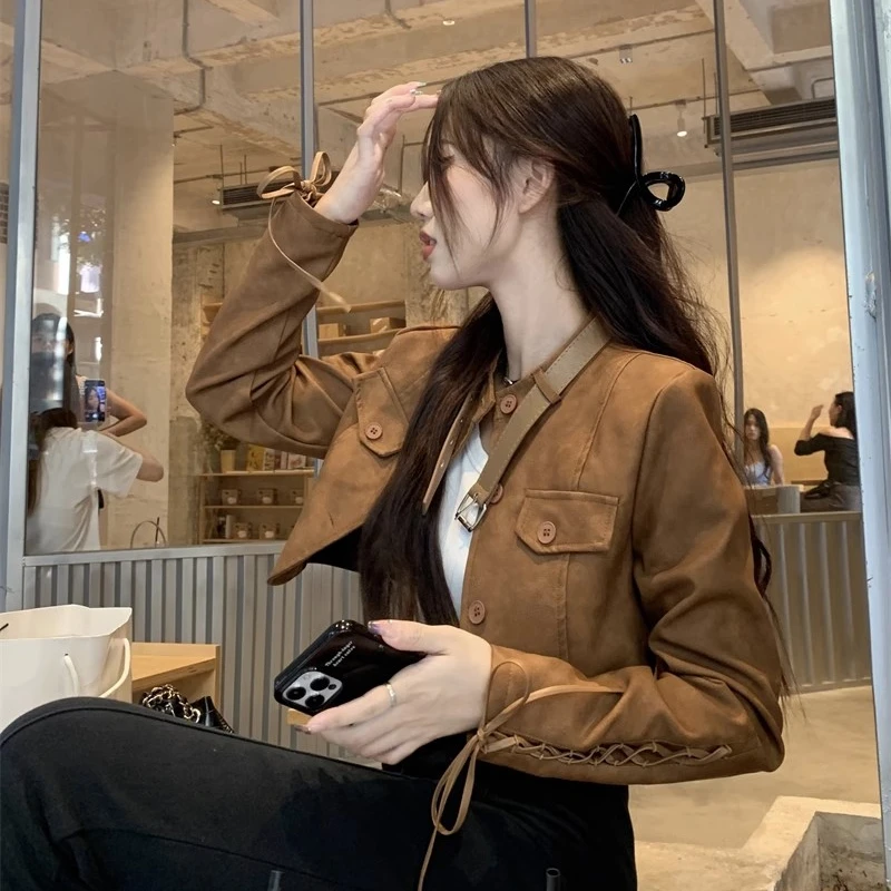设计感港风皮衣早秋短外套2023年新款小个子短款百搭 pu皮夹克 女