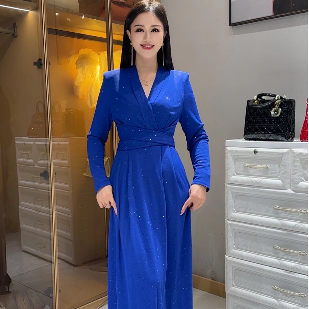 2024施施高定优雅高贵气质v领长袖法式交叉显瘦连衣裙99160