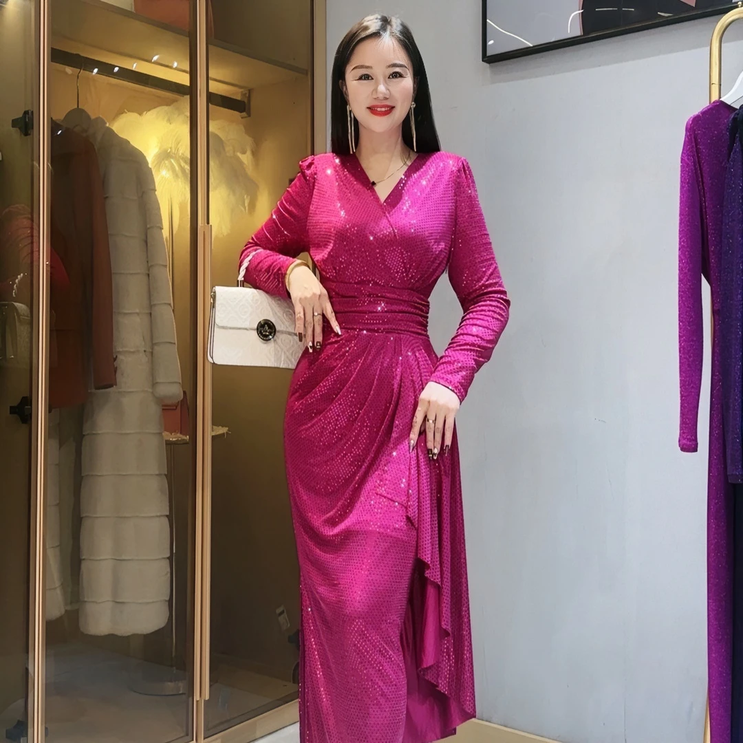 2023秋季新款法式亮片V领高端气质收腰里衬连衣裙22001