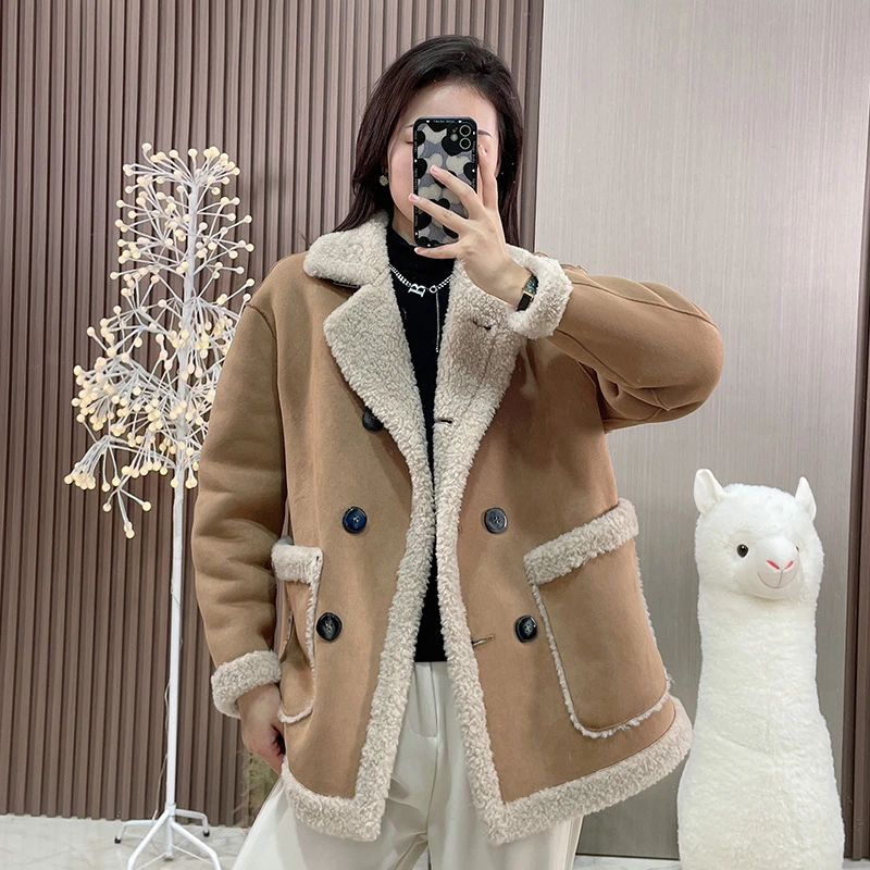 HANYU/韩禹22136双面可穿新款100羊毛外套大翻领衣宽女保暖百搭