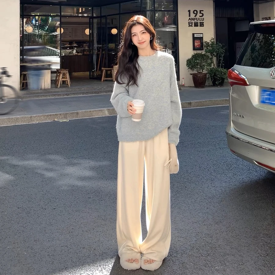 2024新款裤子休闲宽松时尚长款阔腿裤加厚加绒百搭外穿慵懒风