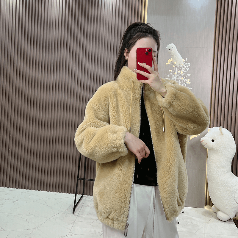 HANYU/韩禹23603羊毛外套女宽松显瘦羊剪绒大衣时尚立领短款休闲