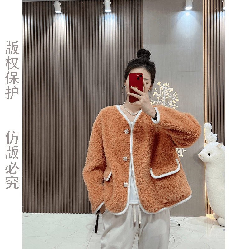 hanyu/韩禹 /23610新款羊毛短外套小香风时尚百搭颗粒绒秋冬保暖
