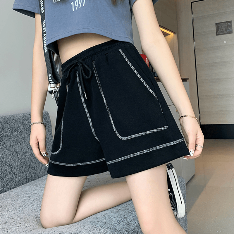 高街休闲运动短裤女夏季薄款高腰显瘦学生复古潮牌阔腿a字热裤子