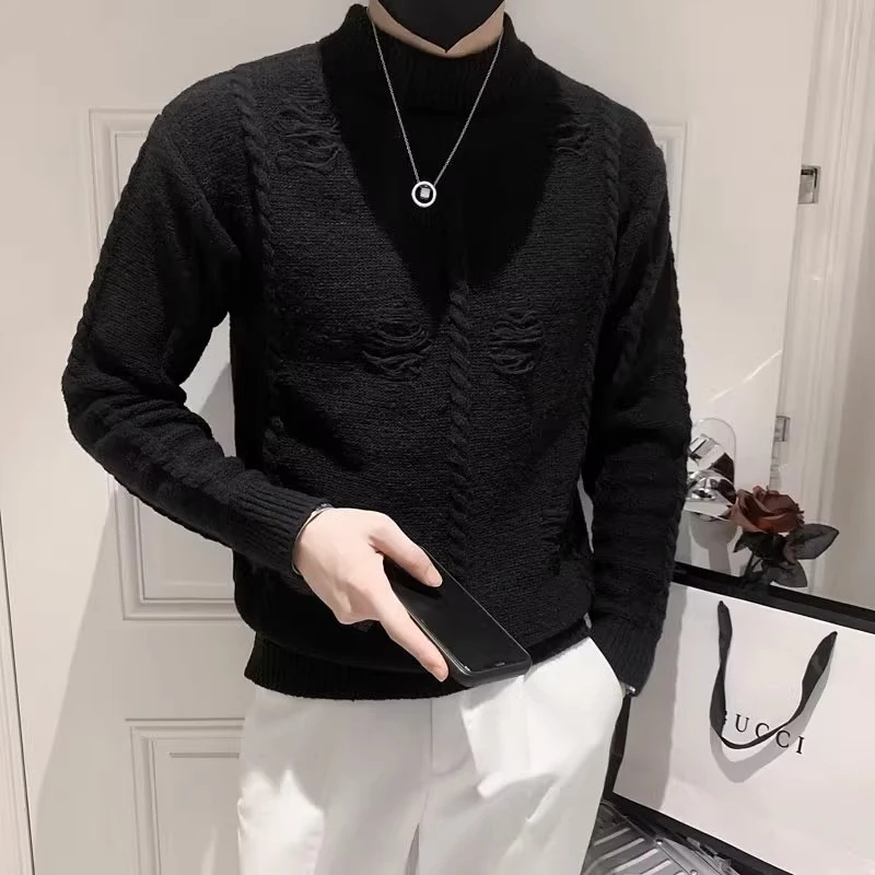 纯色圆领毛衣男秋冬保暖韩版潮流休闲百搭内搭针织衫青年修身打底