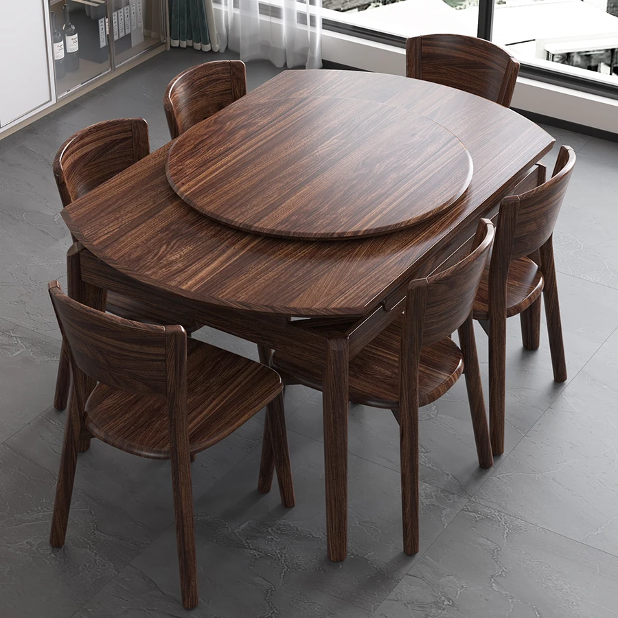 乌金木禅意新中式简约轻奢全实木餐桌椅组合伸缩圆桌方圆两用w991