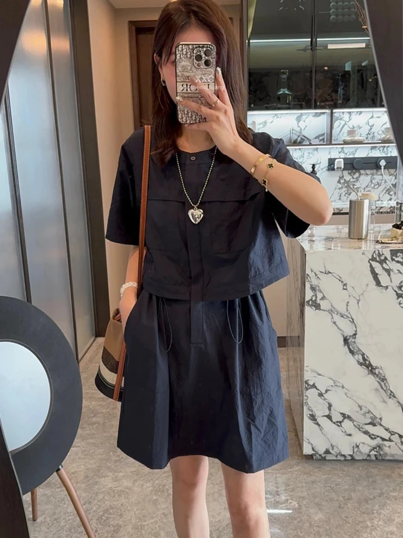 小个子假两件工装连衣裙女2024新款夏季洋气宽松休闲抽绳收腰短裙